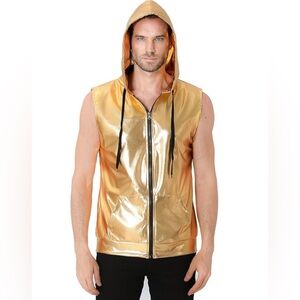 Men's 70s Costume Sleeveless Hoodie Zip Up Vest Metallic Shirt